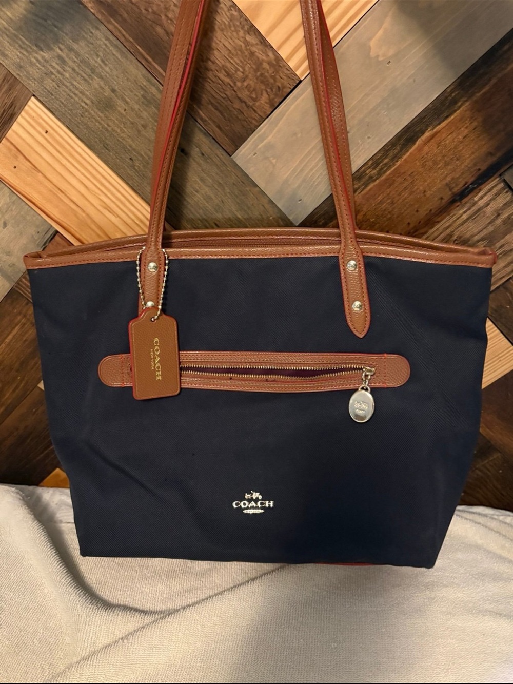 Coach Navy and Brown Leather-Trim Canvas Tote